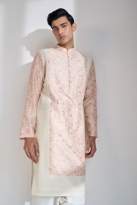 Shop Dhruv Vaish Cream Chanderi Embroidery, Foil Printing Classic Cut Kurta Set Online at Aza Fashions Shop_Dhruv Vaish_Cream Chanderi Embroidery, Foil Printing Classic Cut Kurta Set _Online_at_Aza_Fashions