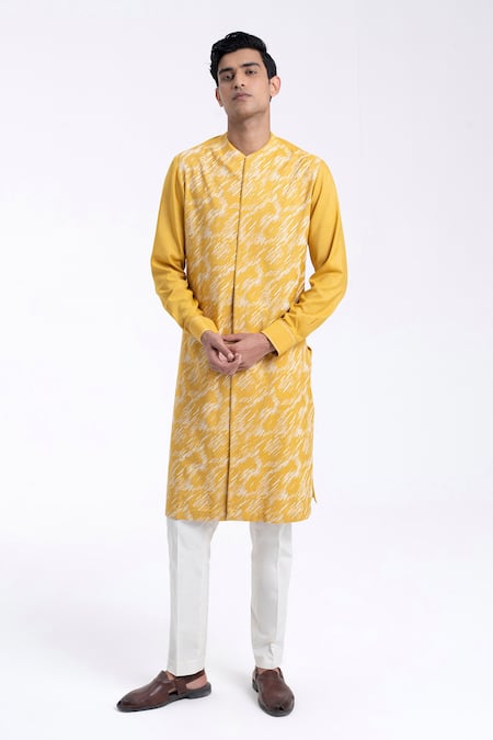 Buy_Dhruv Vaish_Yellow Cotton, Silk Embroidery Front Open High Neck Kurta Set _Online_at_Aza_Fashions