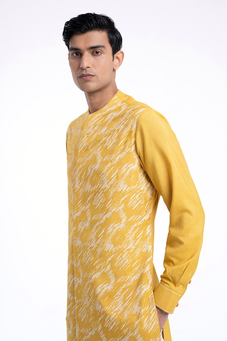 Shop_Dhruv Vaish_Yellow Cotton, Silk Embroidery Front Open High Neck Kurta Set _Online_at_Aza_Fashions