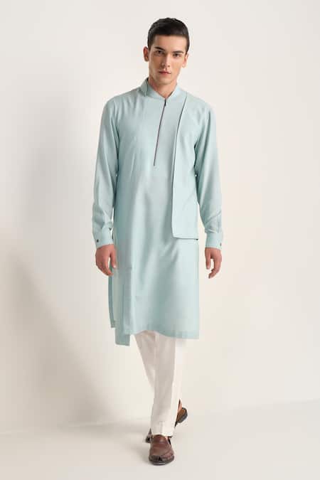 Dhruv Vaish Sky Blue Cotton, Silk Zipper Layered Kurta Set 