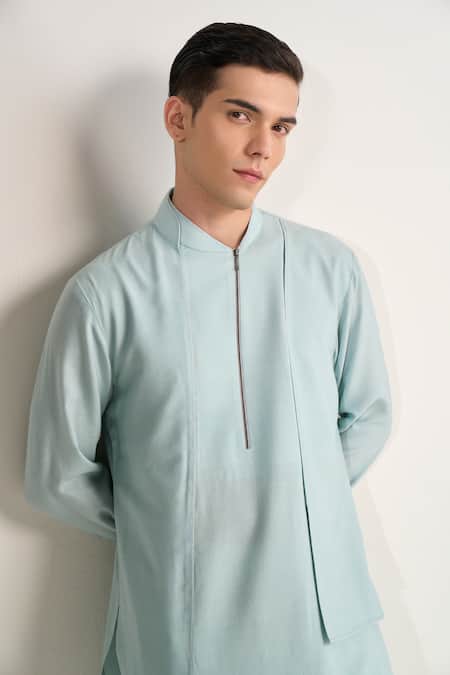 Buy_Dhruv Vaish_Sky Blue Cotton, Silk Zipper Layered Kurta Set _Online_at_Aza_Fashions