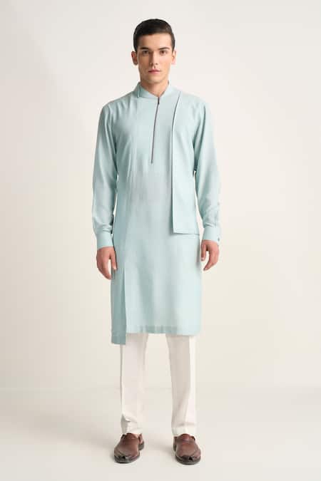 Shop_Dhruv Vaish_Sky Blue Cotton, Silk Zipper Layered Kurta Set _Online_at_Aza_Fashions