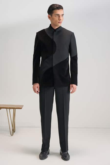 Dhruv Vaish Black Velvet Curve Cut Bandhgala Online at Aza Fashions Dhruv Vaish_Black Velvet Curve Cut Bandhgala _Online_at_Aza_Fashions