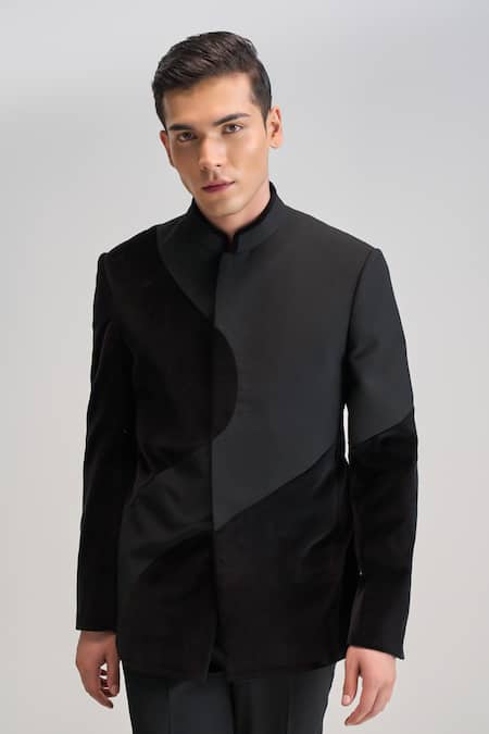 Dhruv Vaish Black Velvet Curve Cut Bandhgala 