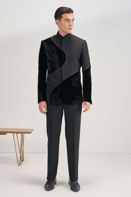 Dhruv Vaish_Black Velvet Embroidery Curve Cut Bandhgala _Online_at_Aza_Fashions