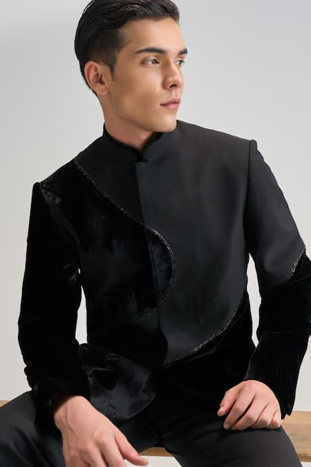 Buy_Dhruv Vaish_Black Velvet Embroidery Curve Cut Bandhgala _Online_at_Aza_Fashions