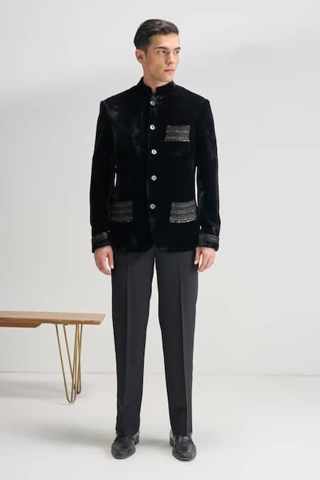 Dhruv Vaish Black Velvet Embroidery Bandhgala 