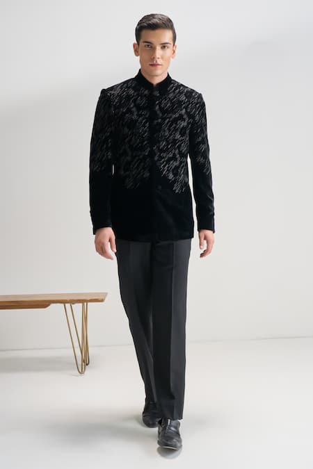 Dhruv Vaish Black Velvet Zari, Beads Embroidered Bandhgala 