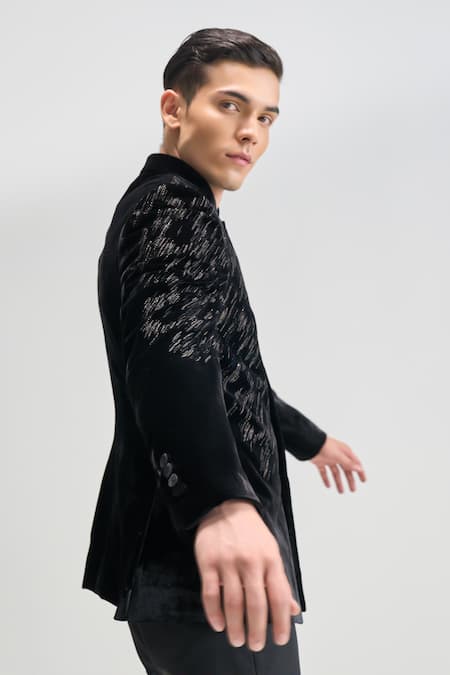 Dhruv Vaish_Black Velvet Zari, Beads Embroidered Bandhgala _Online_at_Aza_Fashions