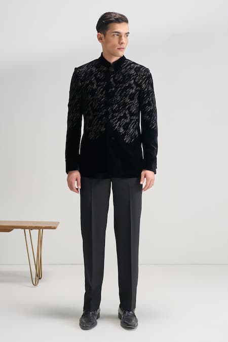 Buy_Dhruv Vaish_Black Velvet Zari, Beads Embroidered Bandhgala _Online_at_Aza_Fashions