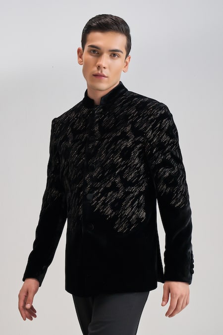 Shop_Dhruv Vaish_Black Velvet Zari, Beads Embroidered Bandhgala _Online_at_Aza_Fashions