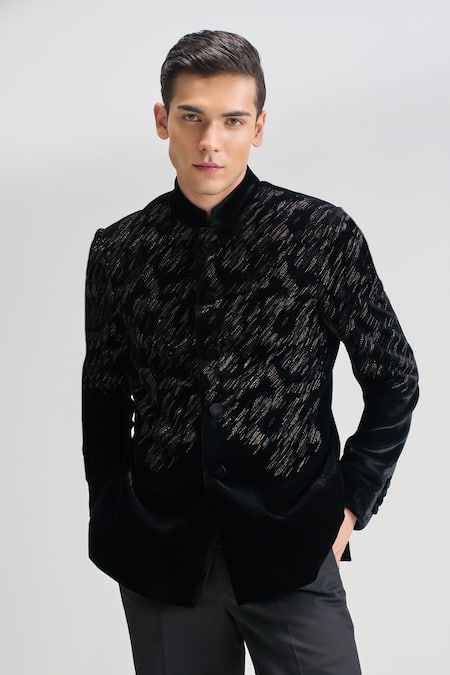 Dhruv Vaish_Black Velvet Zari, Beads Embroidered Bandhgala _at_Aza_Fashions