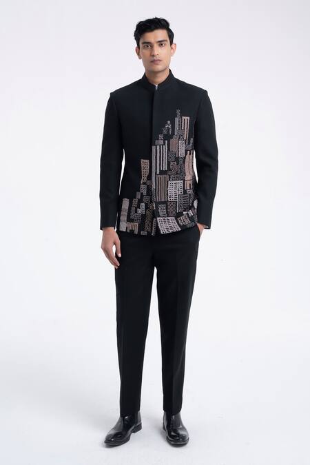 Dhruv Vaish_Black Silk Embroidery Thread Bandhgala _Online_at_Aza_Fashions