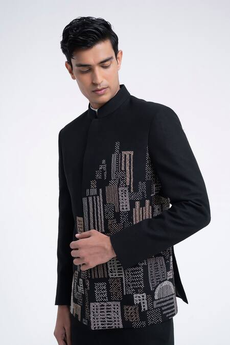 Buy_Dhruv Vaish_Black Silk Embroidery Thread Bandhgala _Online_at_Aza_Fashions