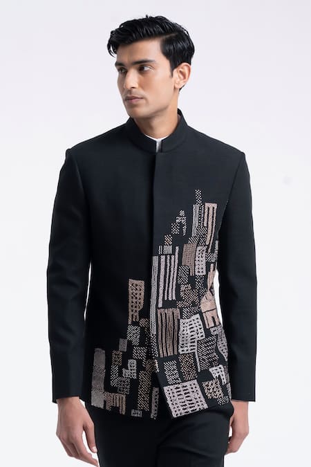Dhruv Vaish Black Silk Embroidery Thread Bandhgala 