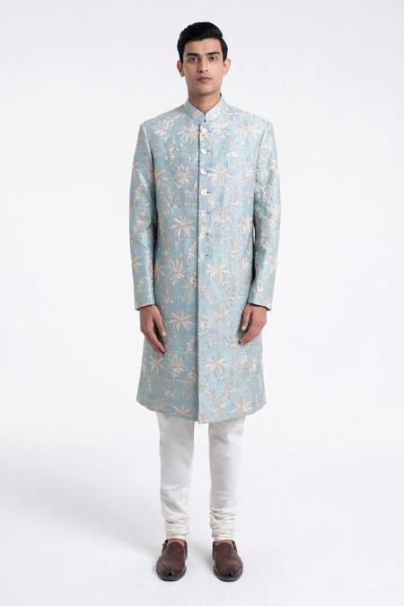 Dhruv Vaish Sky Blue Silk Embroidery, Zari Sherwani And Churidar Set Online at Aza Fashions Dhruv Vaish_Sky Blue Silk Embroidery, Zari Sherwani And Churidar Set _Online_at_Aza_Fashions