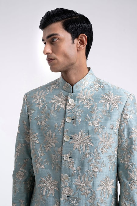 Shop Dhruv Vaish Sky Blue Silk Embroidery, Zari Sherwani And Churidar Set Online at Aza Fashions Shop_Dhruv Vaish_Sky Blue Silk Embroidery, Zari Sherwani And Churidar Set _Online_at_Aza_Fashions