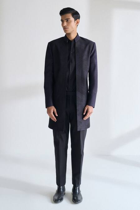 Dhruv Vaish_Purple Silk Embroidery Front Open Sherwani Set _Online_at_Aza_Fashions