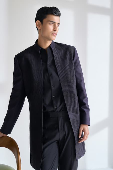 Buy_Dhruv Vaish_Purple Silk Embroidery Front Open Sherwani Set _Online_at_Aza_Fashions