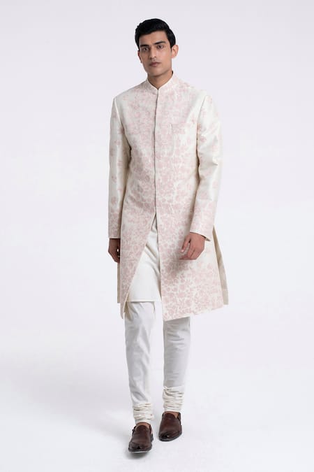 Dhruv Vaish Cream Silk Embroidery Sherwani Set 