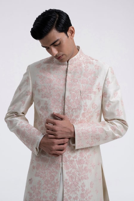 Dhruv Vaish_Cream Silk Embroidery Sherwani Set _Online_at_Aza_Fashions
