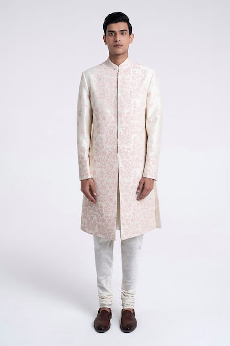 Buy_Dhruv Vaish_Cream Silk Embroidery Sherwani Set _Online_at_Aza_Fashions