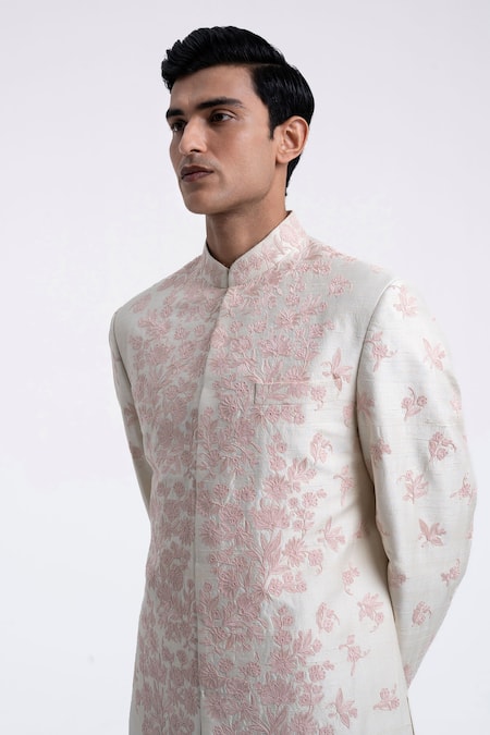 Shop_Dhruv Vaish_Cream Silk Embroidery Sherwani Set _Online_at_Aza_Fashions