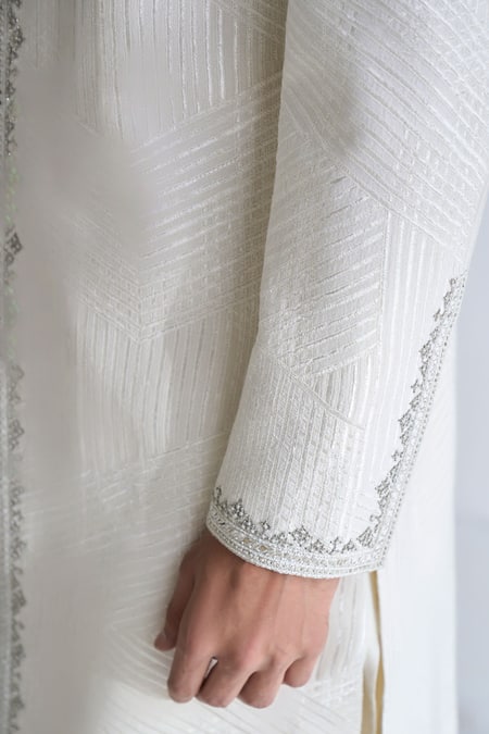 Dhruv Vaish Ivory Silk Embroidery, Metallic Thread Lace Sherwani Set Online at Aza Fashions Dhruv Vaish_Ivory Silk Embroidery, Metallic Thread Lace Sherwani Set _Online_at_Aza_Fashions