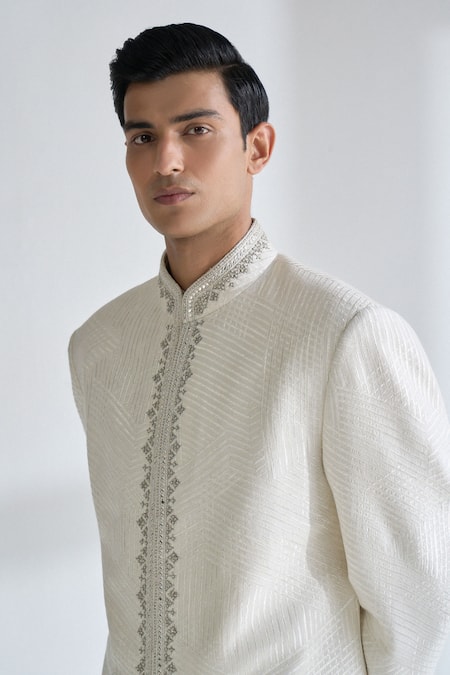 Buy Dhruv Vaish Ivory Silk Embroidery, Metallic Thread Lace Sherwani Set Online at Aza Fashions Buy_Dhruv Vaish_Ivory Silk Embroidery, Metallic Thread Lace Sherwani Set _Online_at_Aza_Fashions