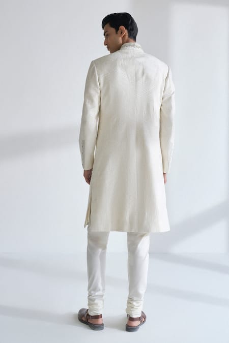 Shop Dhruv Vaish Ivory Silk Embroidery, Metallic Thread Lace Sherwani Set at Aza Fashions Shop_Dhruv Vaish_Ivory Silk Embroidery, Metallic Thread Lace Sherwani Set _at_Aza_Fashions