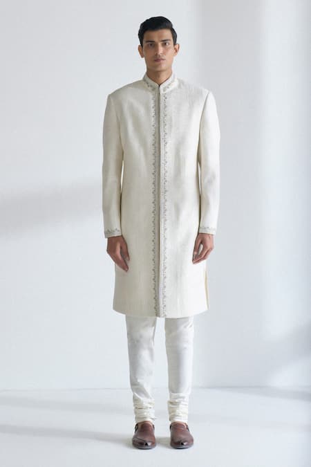 Shop Dhruv Vaish Ivory Silk Embroidery, Metallic Thread Lace Sherwani Set Online at Aza Fashions Shop_Dhruv Vaish_Ivory Silk Embroidery, Metallic Thread Lace Sherwani Set _Online_at_Aza_Fashions