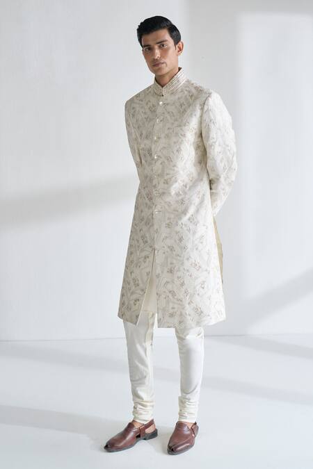 Dhruv Vaish Ivory Silk Embroidery Grometric Sherwani Set Online at Aza Fashions Dhruv Vaish_Ivory Silk Embroidery Grometric Sherwani Set _Online_at_Aza_Fashions