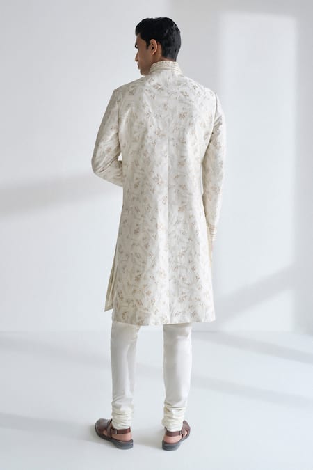 Shop Dhruv Vaish Ivory Silk Embroidery Grometric Sherwani Set at Aza Fashions Shop_Dhruv Vaish_Ivory Silk Embroidery Grometric Sherwani Set _at_Aza_Fashions