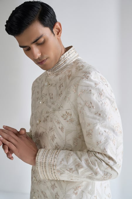 Buy Dhruv Vaish Ivory Silk Embroidery Grometric Sherwani Set Online at Aza Fashions Buy_Dhruv Vaish_Ivory Silk Embroidery Grometric Sherwani Set _Online_at_Aza_Fashions