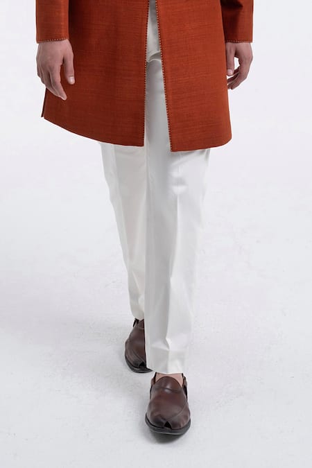 Dhruv Vaish_Orange Silk Embroidery Thread Detail Panel Sherwani Set _Online_at_Aza_Fashions