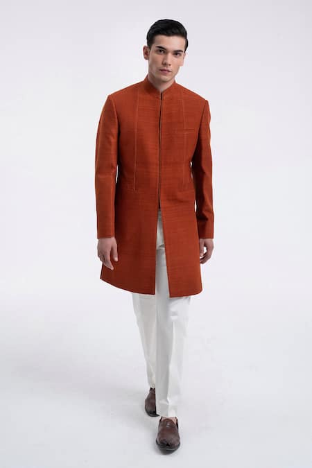 Dhruv Vaish Orange Silk Embroidery Thread Detail Panel Sherwani Set 