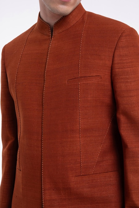Buy_Dhruv Vaish_Orange Silk Embroidery Thread Detail Panel Sherwani Set _Online_at_Aza_Fashions