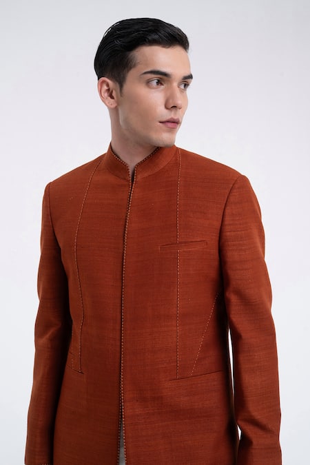 Shop_Dhruv Vaish_Orange Silk Embroidery Thread Detail Panel Sherwani Set _Online_at_Aza_Fashions