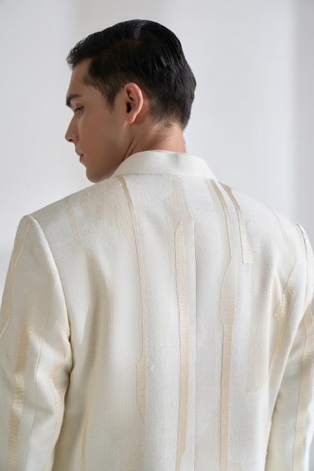 Dhruv Vaish_Ivory Silk, Chanderi Zari, Embroidery Front Open Sherwani Set _Online_at_Aza_Fashions