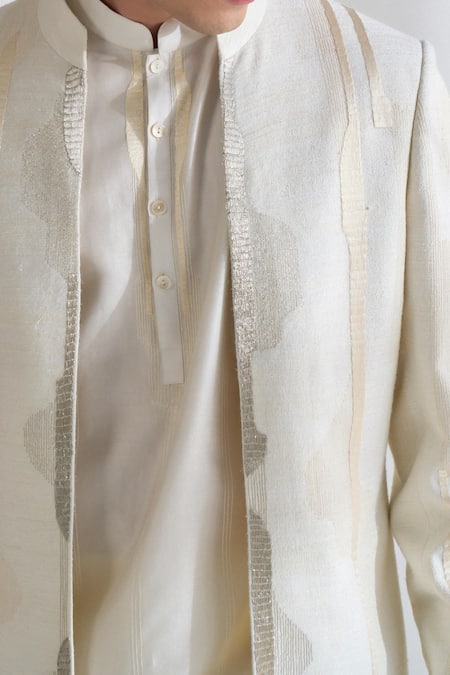 Buy_Dhruv Vaish_Ivory Silk, Chanderi Zari, Embroidery Front Open Sherwani Set _Online_at_Aza_Fashions