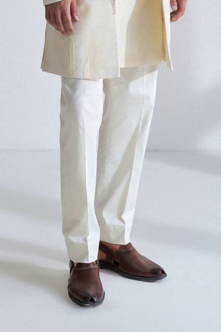 Shop_Dhruv Vaish_Ivory Silk, Chanderi Zari, Embroidery Front Open Sherwani Set _Online_at_Aza_Fashions