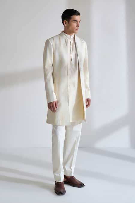 Dhruv Vaish Ivory Silk, Chanderi Zari, Embroidery Front Open Sherwani Set 