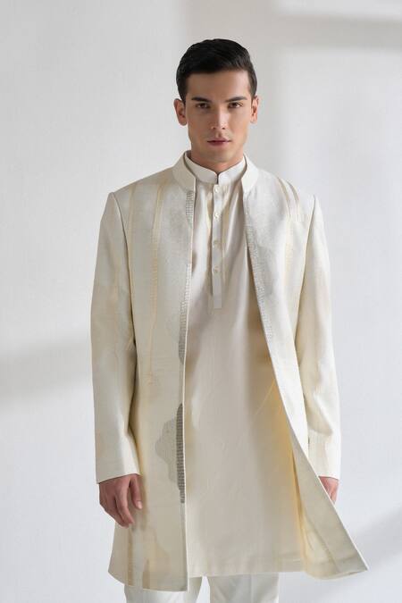 Dhruv Vaish_Ivory Silk, Chanderi Zari, Embroidery Front Open Sherwani Set _at_Aza_Fashions