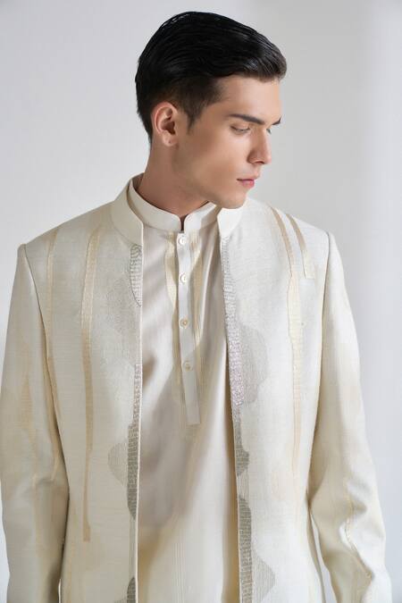 Buy_Dhruv Vaish_Ivory Silk, Chanderi Zari, Embroidery Front Open Sherwani Set 