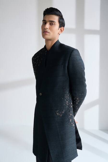 Buy Dhruv Vaish Black Silk Beads, Metallic Thread Hand Embroidered Sherwani Set Online at Aza Fashions Buy_Dhruv Vaish_Black Silk Beads, Metallic Thread Hand Embroidered Sherwani Set _Online_at_Aza_Fashions