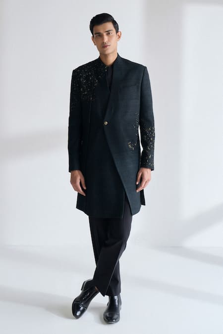 Dhruv Vaish Black Silk Beads, Metallic Thread Hand Embroidered Sherwani Set 