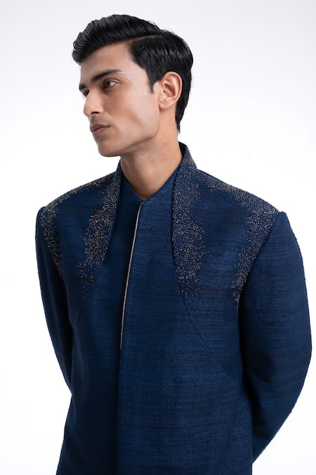 Dhruv Vaish_Navy Silk Beads, Metallic Thread High Neck Embroidered Sherwani Set _Online_at_Aza_Fashions