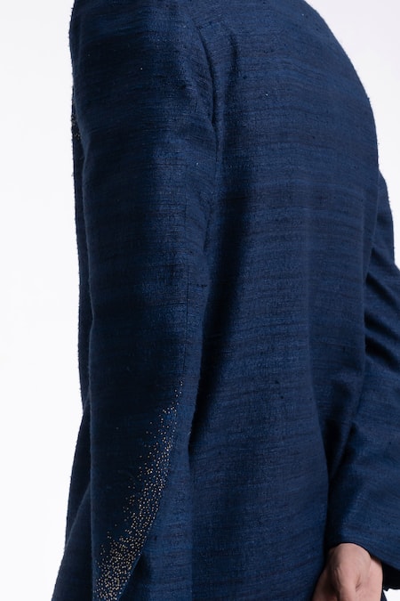 Buy_Dhruv Vaish_Navy Silk Beads, Metallic Thread High Neck Embroidered Sherwani Set _Online_at_Aza_Fashions