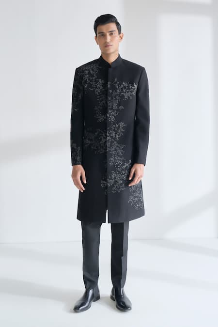 Dhruv Vaish Black Silk Embroidery Sherwani Set 