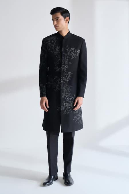 Dhruv Vaish_Black Silk Embroidery Sherwani Set _Online_at_Aza_Fashions